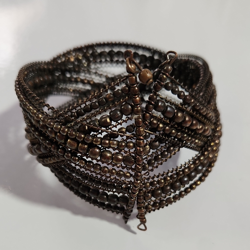 Vintage Y2K Brass Wire Beaded Cuff Bracelet